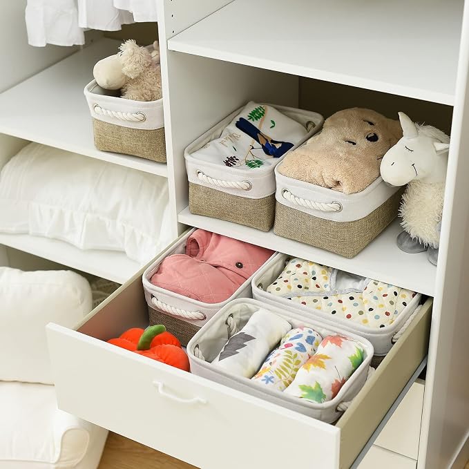 TcaFmac Storage Bins for Shelves - Small 6 Pack Collapsible Storage Basket for Organizing, Fabric Storage Cubes with Handle for Closet Cloth Toy Gift Kids (White & Khaki 11.8x7.8x5.2 inch) - Image 2