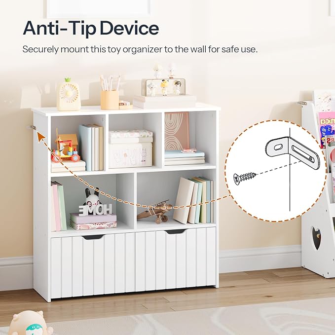 HOOBRO Toy Storage Organizer, Toy Organizers and Storage with 2 Movable Drawers and 5 Cubbies, Toy Chest Shelf for Books or Dolls, Kids Bookshelf and Toy Storage for Playroom, White WT88CW01 - Image 8