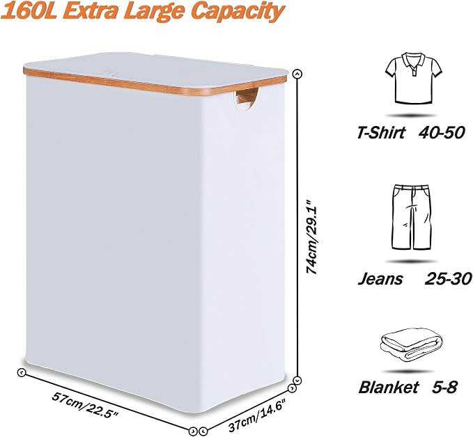 efluky Laundry Hamper with Lid, Trio Laundry Basket with 2 Removable Bags, 3 Section Laundry Bin with Bamboo Handles for Bathroom, Bedroom & Laundry Room, 160L (42.3 Gallon) White - Image 2