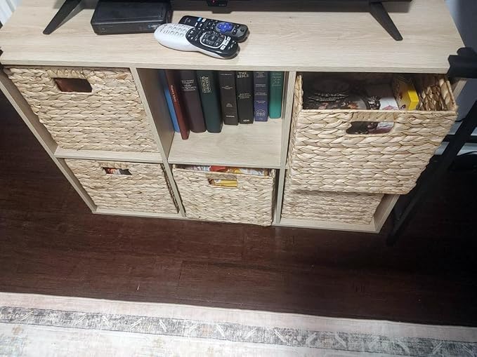 3Pcs Woven Shelf Baskets, 10.5'' Water Hyacinth Handmade Open Storage Bins, Light Brown Pantry Baskets Organization Basket Foldable Storage Bins for Bedroom, Cubby Cubes Wicker Basket with Handles - Image 6