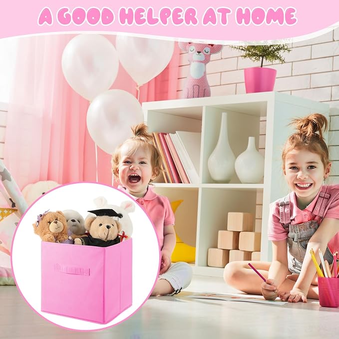 Yinder 12 Pcs Cube Storage Bin Pink 10.5''x10.5''x11'' Storage Bins for Playroom Decor Colorful Bins for Kids Foldable Baskets for Nursery Organizer Boxes Fabric Boxes - Image 3