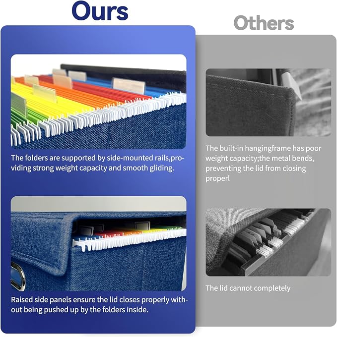 2 Pack Hanging File Folder Box with Lid, Durable Letter Size Filing Storage Box, Sturdy File Holder with Cardboard Support PVC Rails for Office Home Organizer, Blue - Image 5