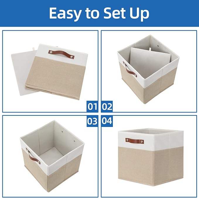 Temary Fabric Storage Cubes - 12 Inch Collapsible Bins (4Pack) - Empty Gift Baskets for Organizing Shelves, Closets, Nursery (White & Khaki) - Image 7