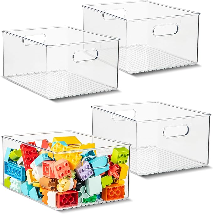 Plastic Food Storage 4 Pack Clear Container Bin with Handles for Organizing Kitchen, Pantry, Refrigerator, Freezer, Pantry, Cabinet, Closet, Bathroom 10”x8”x5” by primebox