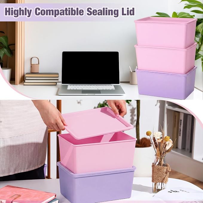 6 Pcs Small Plastic Storage Bins with Lids,Pink, Purple - Image 3