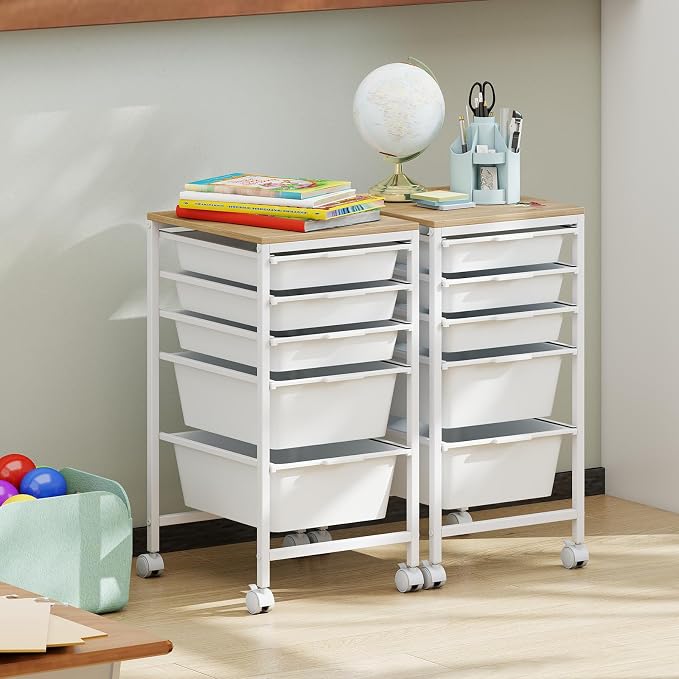 Rolling Storage Cart with 5 Drawers, Plastic Craft Organizer on Wheels with Wooden Top, Mobile Art Supply Utility Cart for Classroom, Home, Office - Image 8