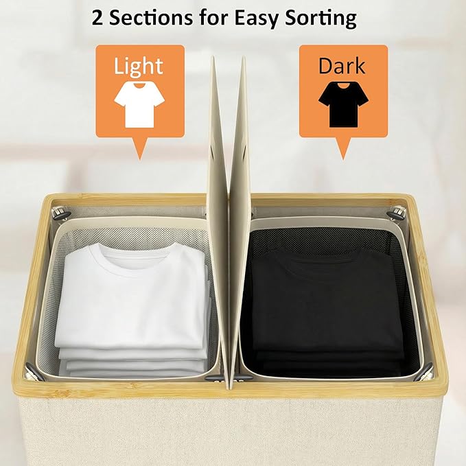 efluky Laundry Hamper with Lid, Double Laundry Basket with 2 Removable Bags, 2 Section Laundry Bin with Bamboo Handles for Bathroom, Bedroom & Laundry Room, 115L (30.4 Gallon) Beige - Image 3