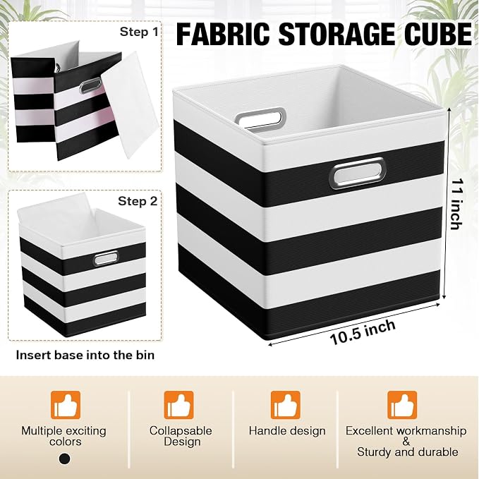 CroBlissful 11 Inch 6 Pack Fabric Storage Cubes with Metal Handles, Back to School Collapsible Organizer Bins for Classroom, Closet, Student Room, Toys and School Supplies (Black and White) - Image 3