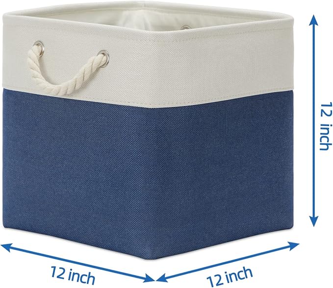 Temary Fabric Storage Cubes for Organizing 4Pack Blue Fabric Storage Basket 12 Inch Cube Storage Bins with Handles for Organizing Toys, Shelf Baskets for Home Office Closet (White&Blue) - Image 2