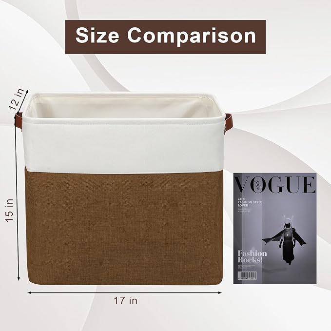 Large Fabric Storage Baskets | 50L Storage Bins, Decorative Linen Closet Baskets with Handles for Organizing, Shelf, Toys, Clothes, Home, Office, Nursery, 17x12x15Inches (Brown&White) - Image 3