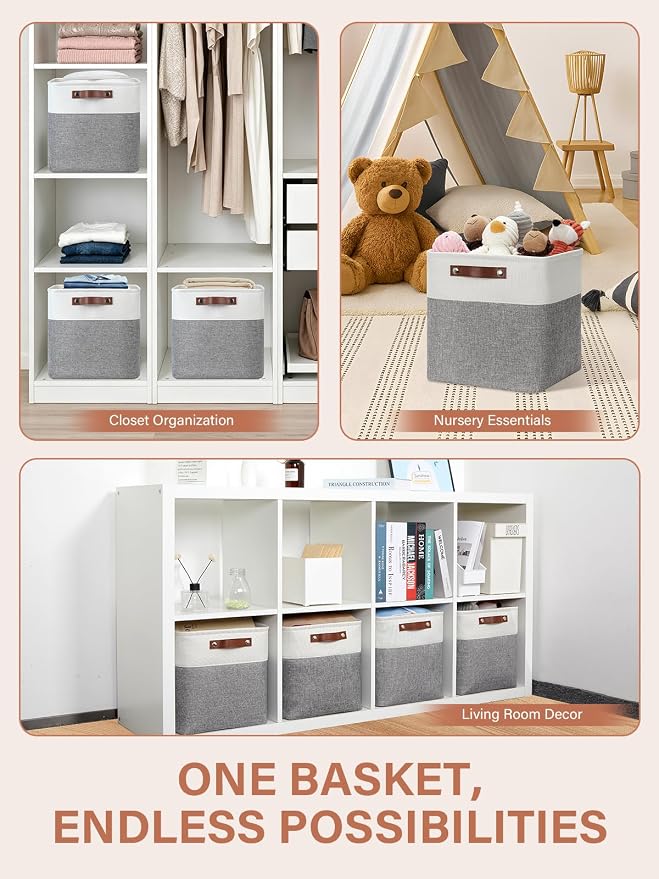 DULLEMELO [Set of 4 Storage Cubes Baskets for Organizing, 12 x 12 x 12 inch Cube Storage Organizer Bins with Leather Handles, Foldable Fabric Cloth Bins for Cube Storage(4 Pack - 12" White&Grey) - Image 6