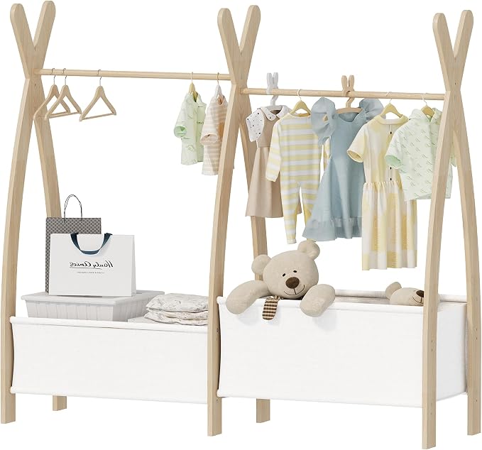 NACHES Small Kid Clothing Rack Wood Montessori Garment Rack for Toddler Baby Wardrobe Closet Compact Dress Up Storage Organizer Hanging Rod with Basket for Costume Princess Skirt Coat Bedroom Nursery by NacheskidsFurniture