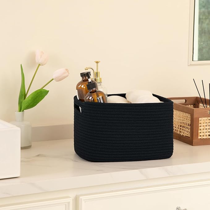 OIAHOMY 4 Pack Storage Baskets for Organizing 24L Cube Storage Bins Black | Woven Baskets for Storage Rectangle Small Baskets With Handles Baskets for Shelves Wicker Baskets for Shelves 16x12x8inch - Image 4