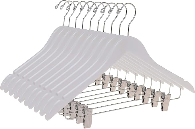 Quality Wooden Skirt Hangers with Clips, 10-Pack Smooth Solid Wood Pants Hangers with Durable Adjustable Metal Clips, Swivel Hook, Coat, Jacket, Blouse Suit Hangers (White, 10) by QualityHangers