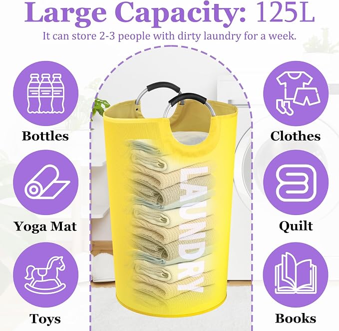 125L Tall Hamper with Handles, Large Clothes Hamper with Handle for Dorm | IHOMAGIC Freestanding Dirty Clothes Hamper, Portable Laundry Bin, Storage Basket for Travel, Apartment, Yellow - Image 2