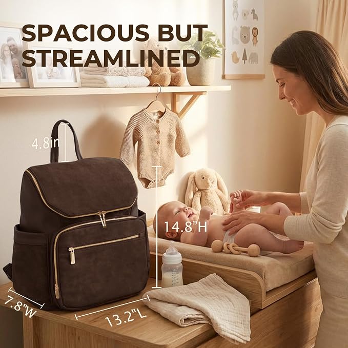 miss fong Leather Diaper Bag Backpack Suede Baby Backpack with Changing Pad | 14Pockets Convertible Mommy Diaper Backpack for Mom Waterproof Wet Pocket,Insulated Pockets,Stroller Straps Luggage Sleeve - Image 4