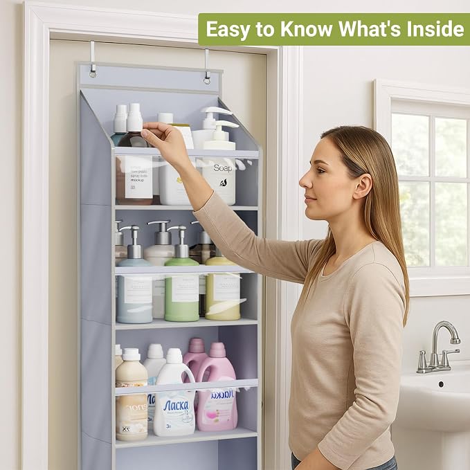 AOODA 4 Pack Over the Door Organizer, Large Capacity Closet Door Hanging Organizer, Clear Deep Pockets Baby Organizer Storage for Nursery, Bathroom, Bedroom, Pantry, Diapers (Grey) - Image 5