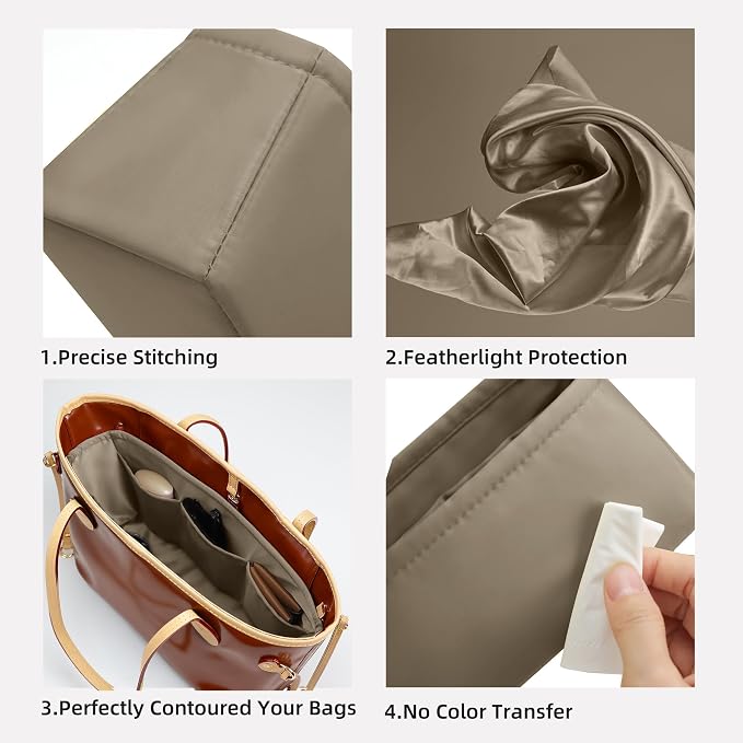 DGAZ Purse Organizer Insert Fits Neverfull-Mini/PM/MM/GM Bags，Silk Bag Organizer，Luxury Handbag & Tote Shaper（GM, Gris tourterelle） | Soft and Lightweight,Perfect Fit,Multi-pocket Storage,Bag Protector,Luxury Bag Care,Handmade,for Smooth Bag Organizer - Image 3