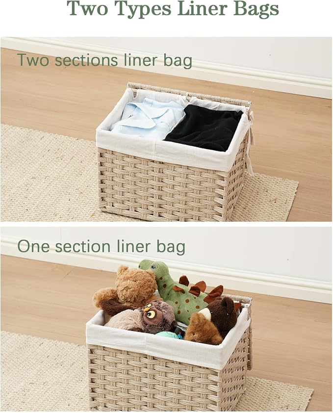 SETVSON Storage Basket with Lid, 2-Lid PE Rattan Storage Bin, Light Khaki | Dual Lid Small Items & Accessories Organizer, Divided Sock & Underwear Bin, 2 Washable Liner Bags, Small Collapsible Trunk - Image 6
