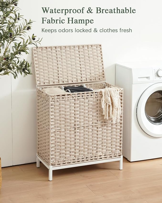 SETVSON Laundry Hamper with Lid,Clothes Hamper with Lid,132 L, Light Khaki | 35 Gallons, Handwoven Rattan Laundry Hamper, Metal Heightened Feet, 3 Removable Liner Bags for Laundry - Image 2