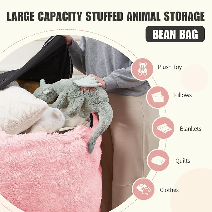 Fluffy Bean Bag for Stuffed Animals Storage, Faux Fur Washable Bean Bag Chair Cover(No Filler) for Textile Plush Toys, Beanbag Chair Cover for Adults Kids Teens, 5FT, Pink - Image 3