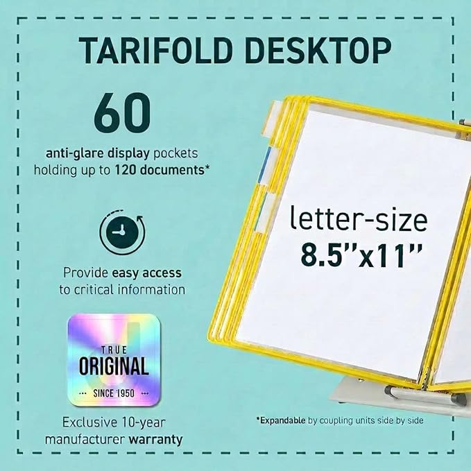 Tarifold Desktop Reference Display System, 60 Pockets, Yellow | 60 Double-Sided PVC Pockets, Holds 120 Letter-Size Sheets, Sturdy Metal Base, Quick-Find Indexing, Quick and Easy to Assemble - Image 2