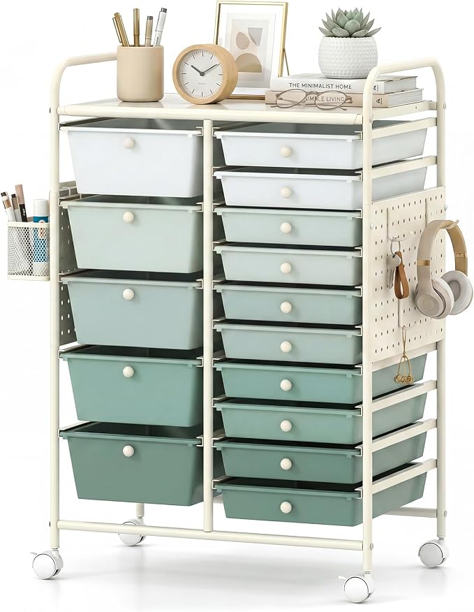 GOFLAME 15-Drawer Rolling Storage Cart with Pegboard, Craft Storage Cart with Lockable Wheels and Metal Frame, Art Cart Supply Storage Organizer for Home Office Classroom, Green Gradient by GOFLAME