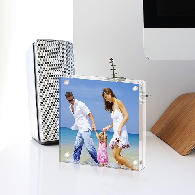 AMEITECH 4x4 Acrylic Picture Frame, Clear Double Sided Block Acrylic Photo Frames, Desktop Frameless Magnetic Photo Frames - 5 Pack | Double Sided Floating Magnetic Frames, 20mm Thick, Free Standing Desktop Display for Postcards, Pictures and Artworks - Image 5
