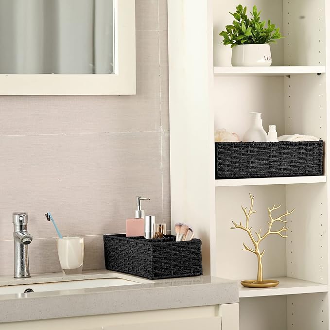 3 Section Wicker Storage Basket, Hand-Woven Paper Rope Wicker Baskets for Organizing, Toilet Tank Basket, Black Baskets for Bathroom, 2-Pack, Black - Image 6