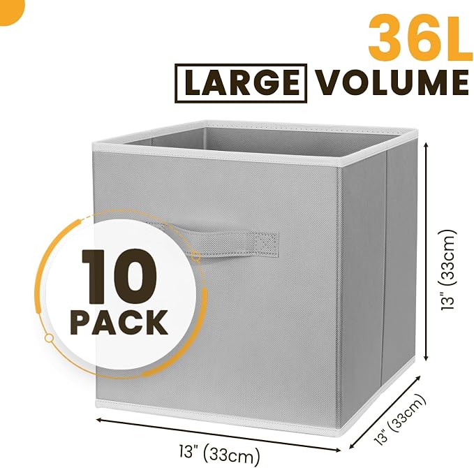 Large Storage Cubes, 13 Inch Cube Storage Bins for Shelves Closet Nursery Bedroom - 10 Pack Collapsible Storage Baskets with Handles - Fabric Bins for Organizing Magazines Clothes Toys (Grey) - Image 2