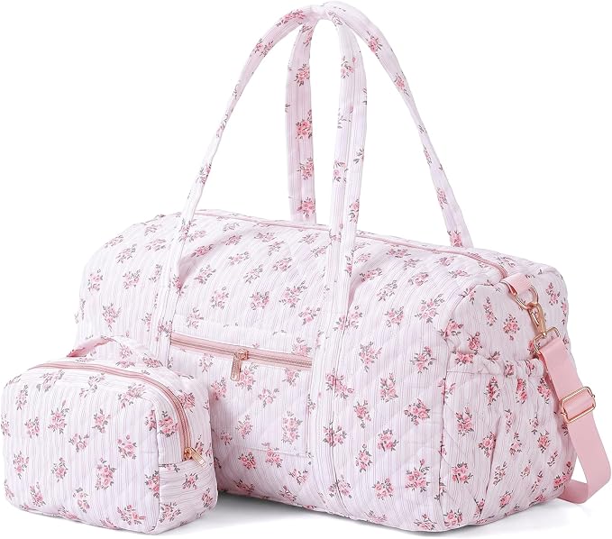 Dansydaisy Quilted Weekender Bag for Women with Makeup Pouch, Pink Floral | Large Duffle Bag, Trolley Compartment & Zipper Pocket, Adjustable Carry Strap, for Mommy Dancers Travel Gym Hospital by Dansydaisy
