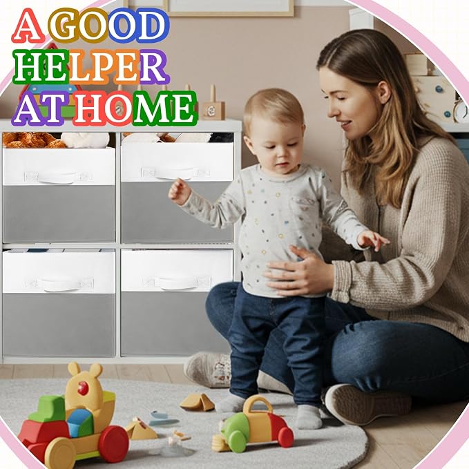 Yinder 6 Pcs Cube Storage Bin White Gray 10.5''x10.5''x11'' Storage Bins for Playroom Decor Colorful Bins for Kids Foldable Baskets for Nursery Organizer Boxes Fabric Boxes - Image 6