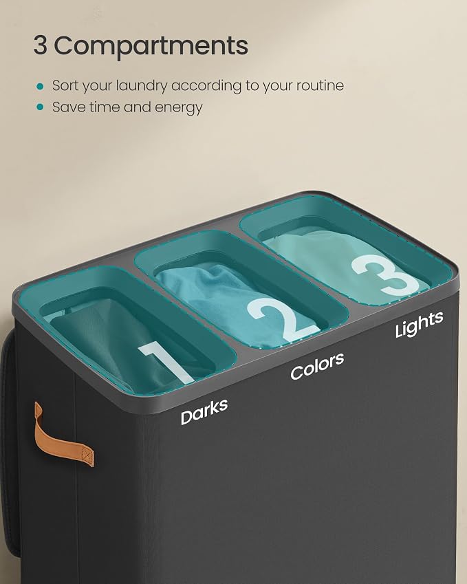 SONGMICS Laundry Basket, 50.2 Gal. Laundry Hamper, 3 Compartments, Easy Assembly, with Lid and Handles, Removable Liners, 25.2 x 15.7 x 29.5 Inches, Ink Black ULCB814BH01 - Image 3