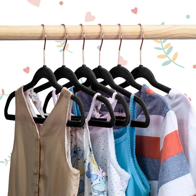 House Day Velvet Kids Hangers 60 Pack, Premium Children Hangers for Closet | Black Ultra Thin Cute Non Slip Kid Felt Clothes Hanger 14 Inch, Small Hanger for Toddler Clothes +360° Swivel Rose Gold Hook - Image 6