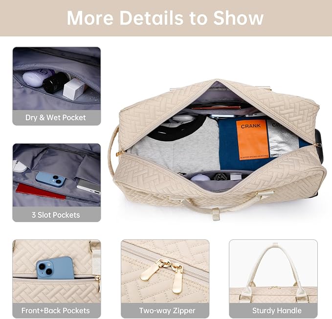 Duffle Bag for Travel, Weekender Bag with Shoe Compartment, Carry On Overnight Bag for Women with Toiletry Bag, Gym Bag with Wet Pocket, Hospital Bags for Labor and Delivery Beige - Image 5