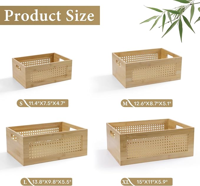 Rattan Wooden Box Set of 4 Handmade Decorative Storage Basket with Handles | Natural Bamboo Woven Storage Basket Rustic Farmhouse Decor Home Office Tabletop Shelf Drawer Closet Desk Organizer, Natural - Image 4