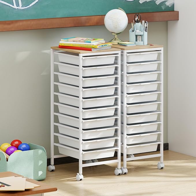GOFLAME 10-Drawer Rolling Storage Cart, Craft Storage Cart with Wooden Tabletop and Lockable Wheels, Art Cart Supply Storage Organizer with Metal Frame for Home Office Classroom, White - Image 8