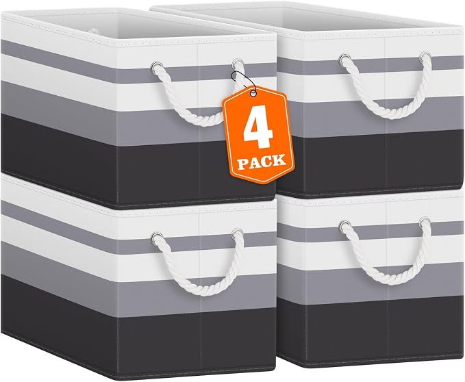 Storage Bins 4-Pack, Foldable Storage Baskets for Organizing Toys, Books, Shelves, Closet, Large Storage Box with Rope Handles, Sturdy Organizer Bins,Gradient Grey by Fabtotes