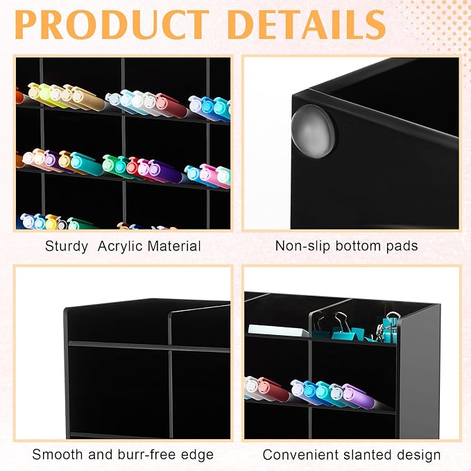 MotiMind Acrylic Pen and Marker Organizer for 200 Markers | 17 Compartments, Vertical Marker Pencil Organizer, Acrylic Pen Display Holder, Art Supply Storage for Desk Stationery, Clear - Image 3