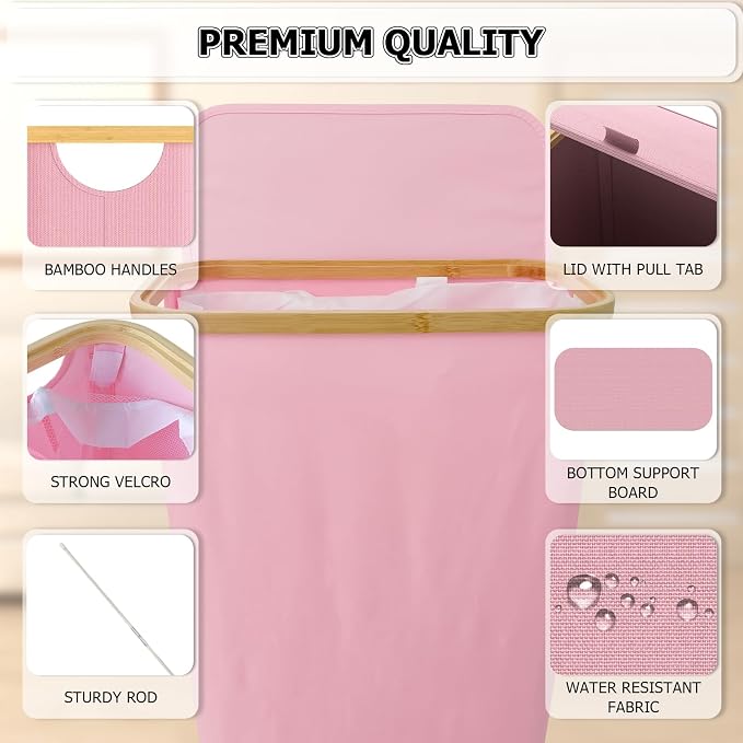 Slim Laundry Hamper with Lid, 60L Laundry Basket with Handles, Skinny Narrow Collapsible Dirty Clothes Hamper with Removable Laundry Bag for Bathroom Bedroom Dorm Clothes Toys Towels (Pink, 60L) - Image 4