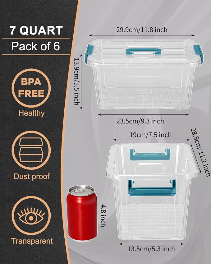 EOENVIVS Clear storage bins with lids 6 Pack, 7 Quart storage containers with lids, Stackable storage box Organizer for organizers and storage, Bedroom, Office, Classroom, Playroom & shoe boxes - Image 2