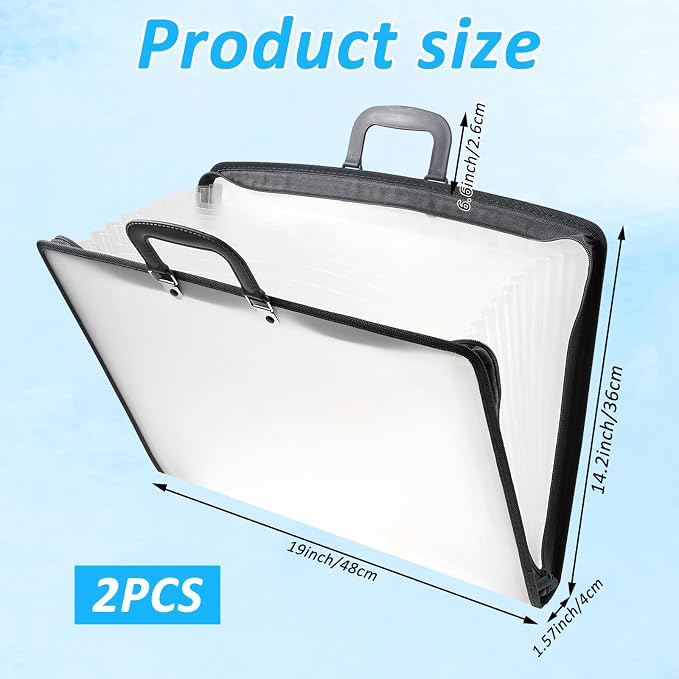 2 Pack 11x17 Art Portfolios, 13 Pockets Kids Portfolio Folder for Artwork Accordian File Organizer with Handle and Zipper Art Painting Document Organizer, Oxford Cloth Edge Frosted Translucent - Image 2