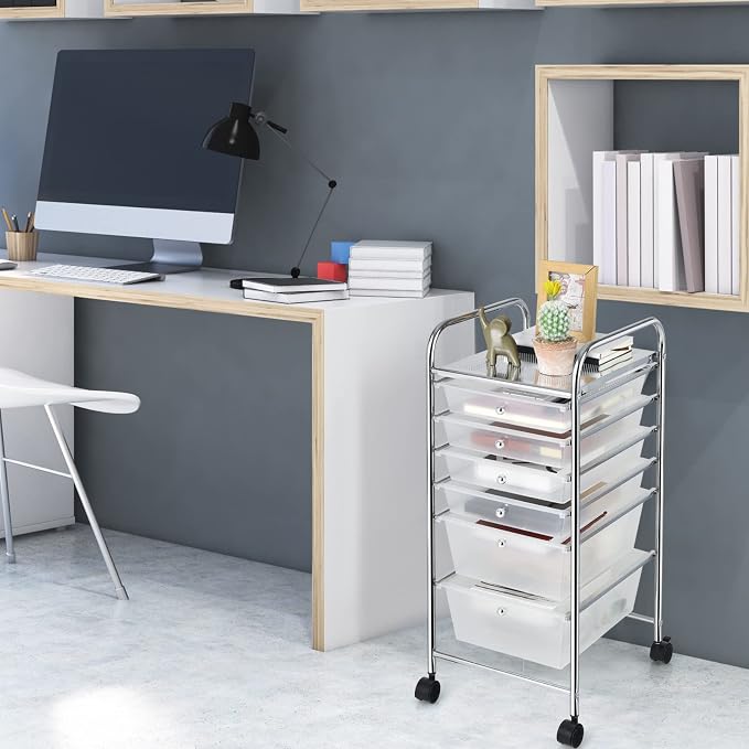 Giantex 6 Storage Drawer Cart Rolling Organizer Cart for Tools Scrapbook Paper Home Office School Multipurpose Mobile Utility Cart (Clear White) - Image 2