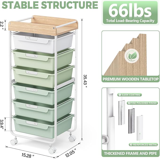 SYKIARIOL Rolling Cart with 6 Drawers,Art Craft Organizer and Storage,Green | Utility Storage Cart with Drawers,Makeup Organizer With Wooden Tabletop - Image 5