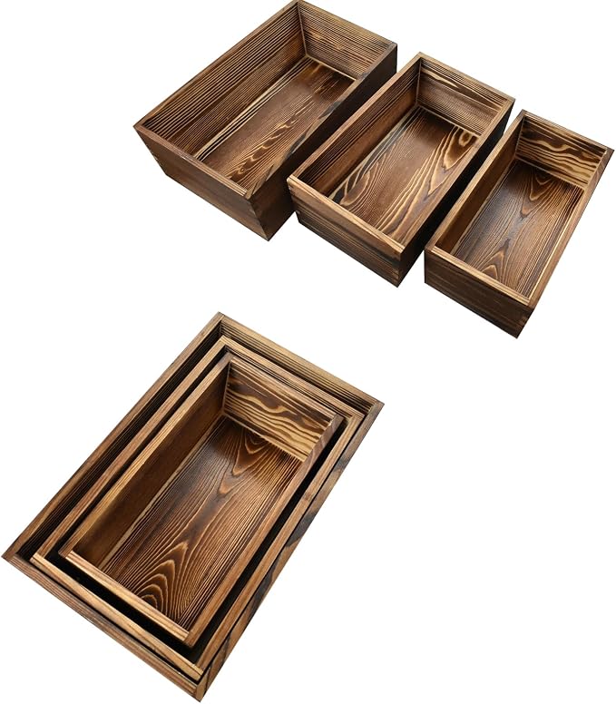 Decorative Nesting Wooden Crates Burnt Umber Stained Rustic Crate Boxes Wood Pallet Bin Storage Boxes for Decorative Display Kitchen Storage Arts & Crafts Set of 3 - Image 5