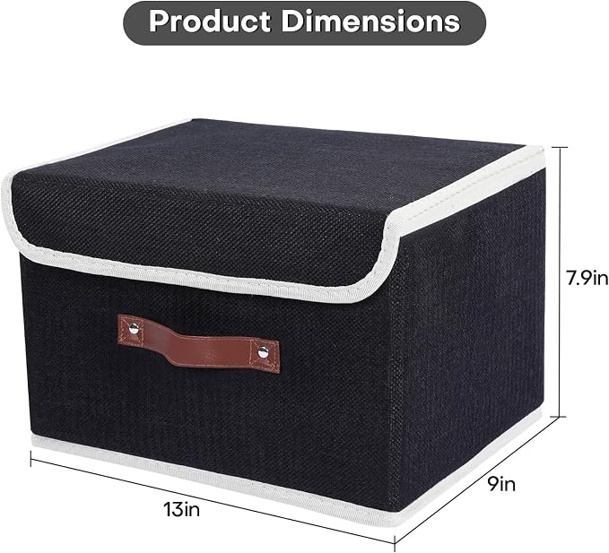 ANMINY Fabric Storage Box Bins with Lids, Black, 13"x9"x7.9", 4 Pack | Keepsake Memory Storage, Cotton Linen, PP Board Reinforced, Washable, PU Handles, Foldable & Stackable, Decorative, Medium - Image 5