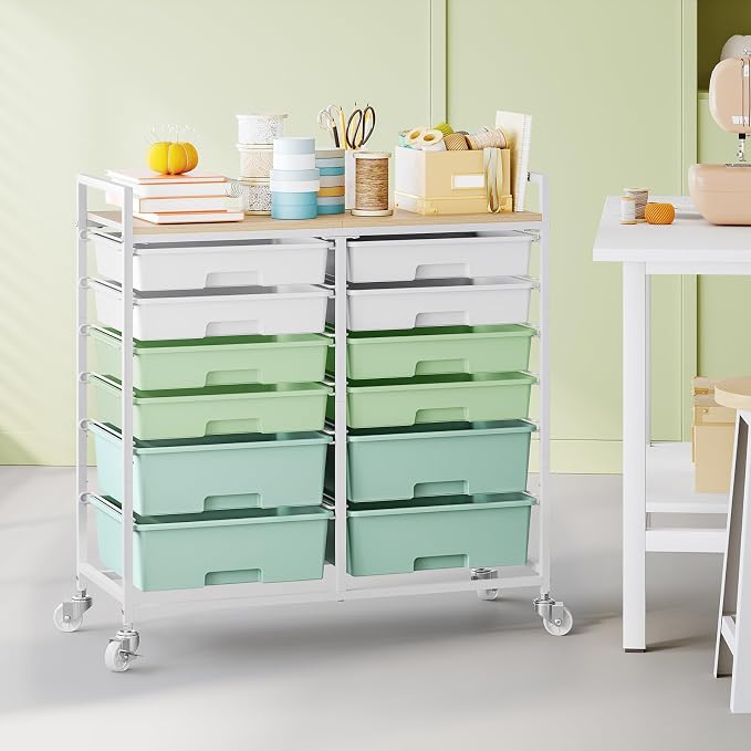 TOOLF 12 Drawers Rolling Storage Cart with Wooden Top for Classroom,Green | Teacher Cart Craft Art Supply Organizer, Utility Cart with Lockable Wheels for Home Household Essentials, Office Organization - Image 9