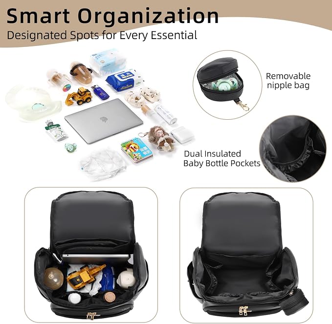 Large Leather Diaper Bag Backpack, Baby Travel Bag with Changing Pad, Insulated Pockets, Stroller Straps and Pacifier Case, Water-Resistant Diaper Bag for Mom and Dad, Black - Image 2