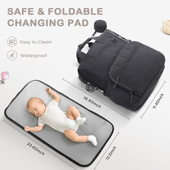 VONAL Diaper Bag Backpack, Lightweight Baby Diaper Bags, Travel Large Diaper Bag with Changing Station, Black Diaper Backpack for Boys Girls Newborn with Insulated Pockets, Stroller Straps - Image 8
