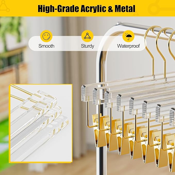 Gold Acrylic Pants Hangers 30 Pack with Adjustable Clips | Non-Slip & Heavy Duty Hangers for Pants, Skirts, Jeans, Trousers, Scarves, Adults & Kids, Clothing Closet Storage - Image 3